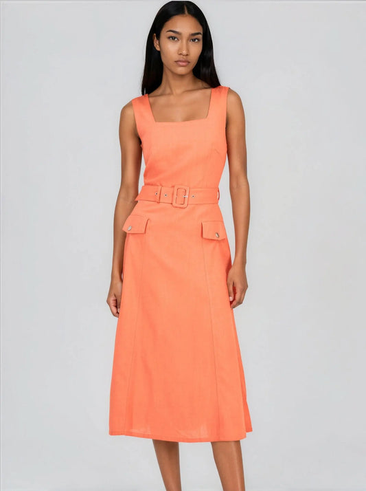 Sqaure - Neck Belted Midi Dress - Layalita