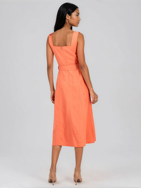 Sqaure - Neck Belted Midi Dress - Layalita