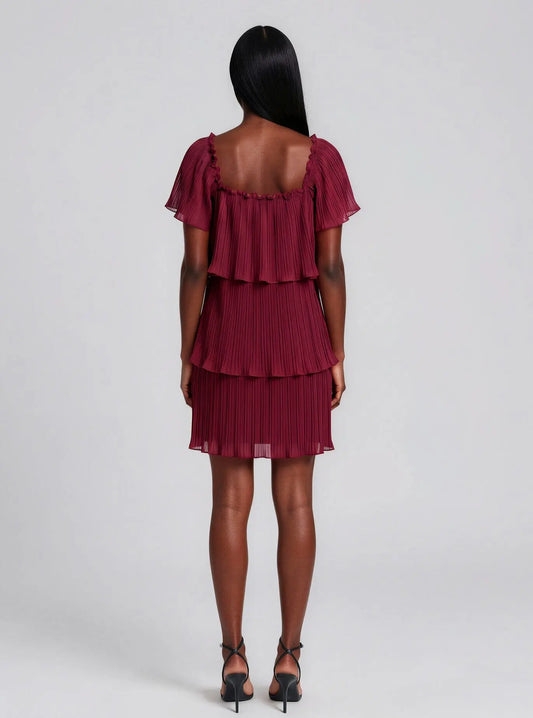 Square-Neck Pleated Tiered Short Dress - Layalita