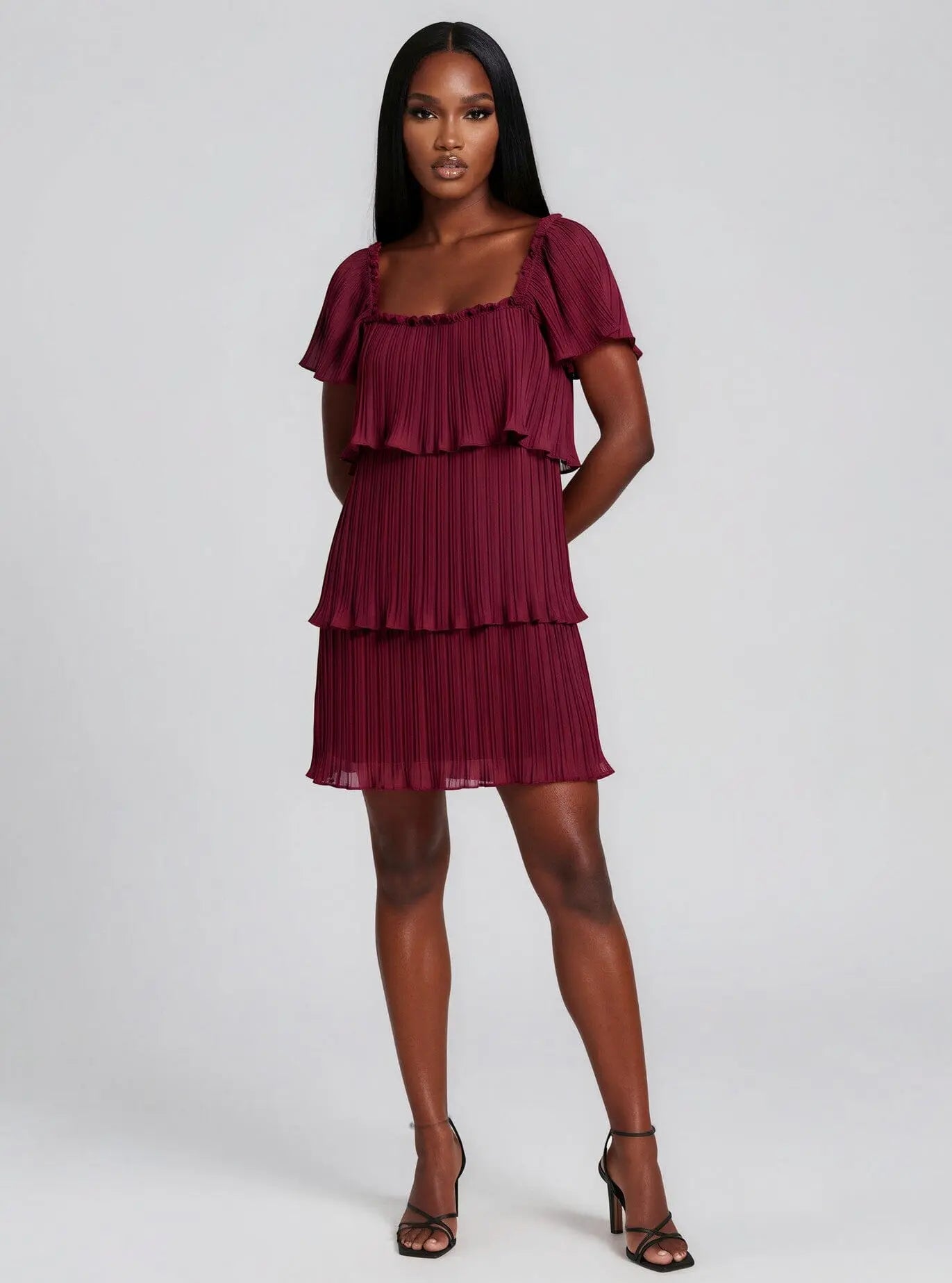 Square-Neck Pleated Tiered Short Dress - Layalita