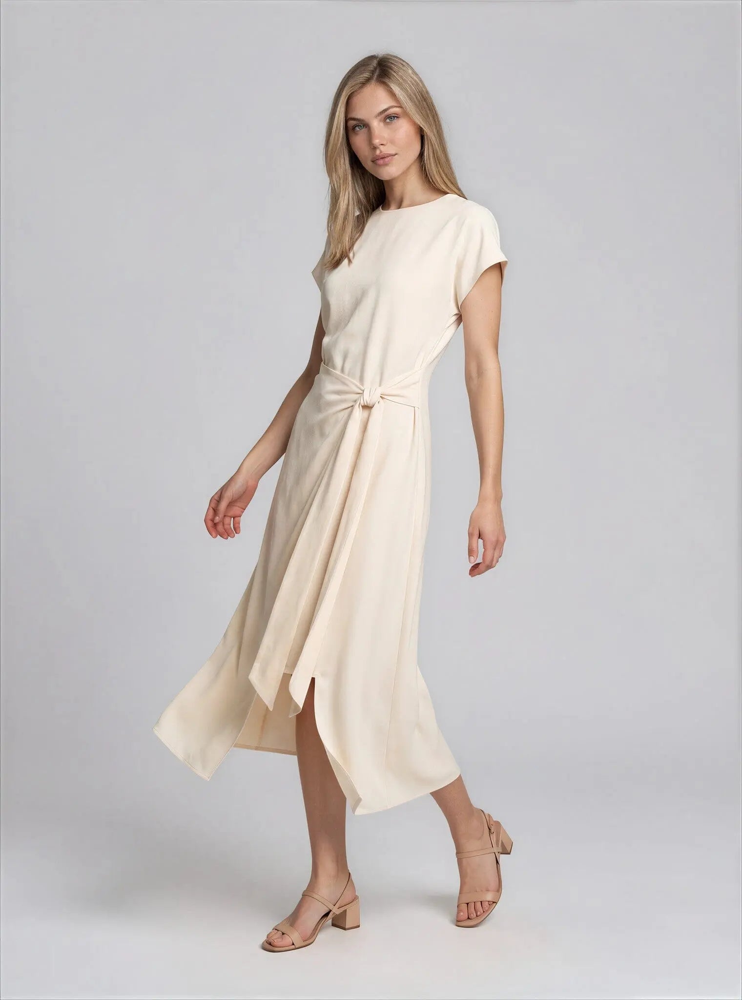 Tie-Front Short-Sleeve Faux-Wrap Midi Dress Luxely 