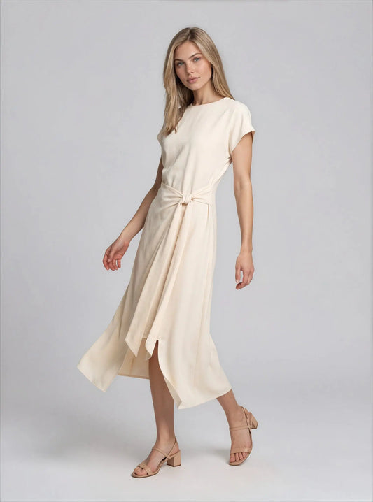 Tie-Front Short-Sleeve Faux-Wrap Midi Dress Luxely 