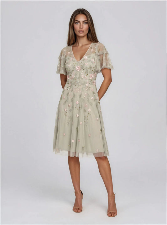 V-Neck Beaded Dress Adrianna Papell 