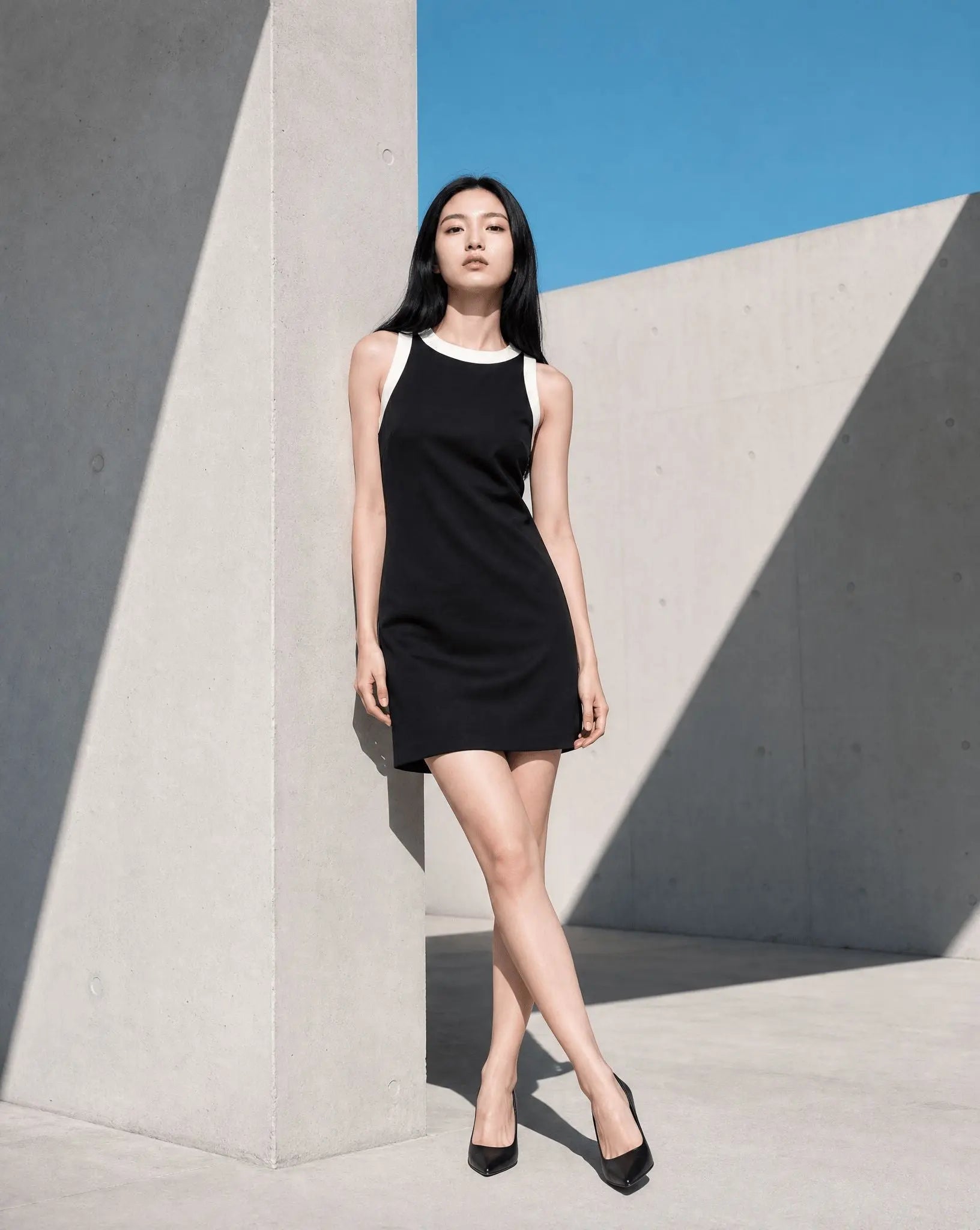 Two-Tone Crepe Sleeveless Shift Dress - Layalita