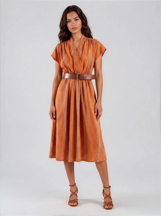 V-Neck Belted Midi Dress - Layalita