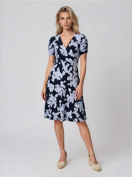 V-Neck Ruched-Sleeve Dress - Layalita