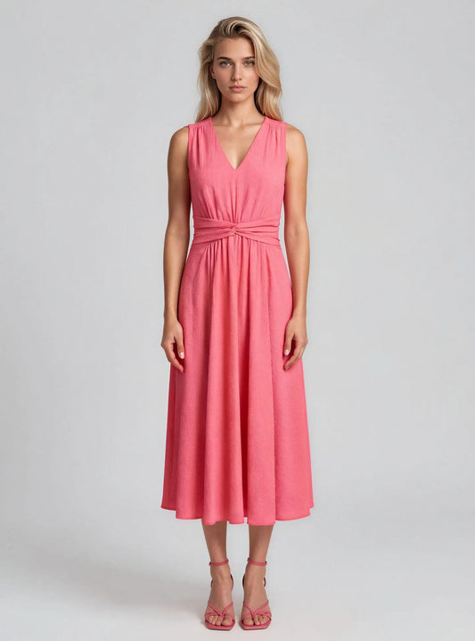 V-Neck Twist-Front Midi Dress - Layalita