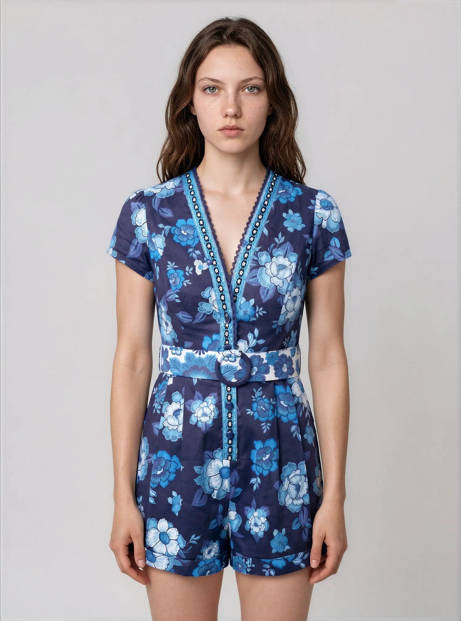 Women's Floral-Print Belted Romper - Layalita